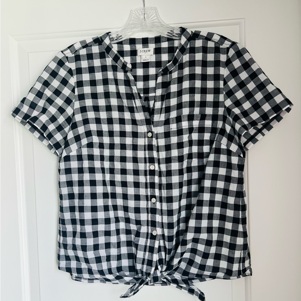 J Crew cotton short sleeve blouse tie black white check gingham lightweight